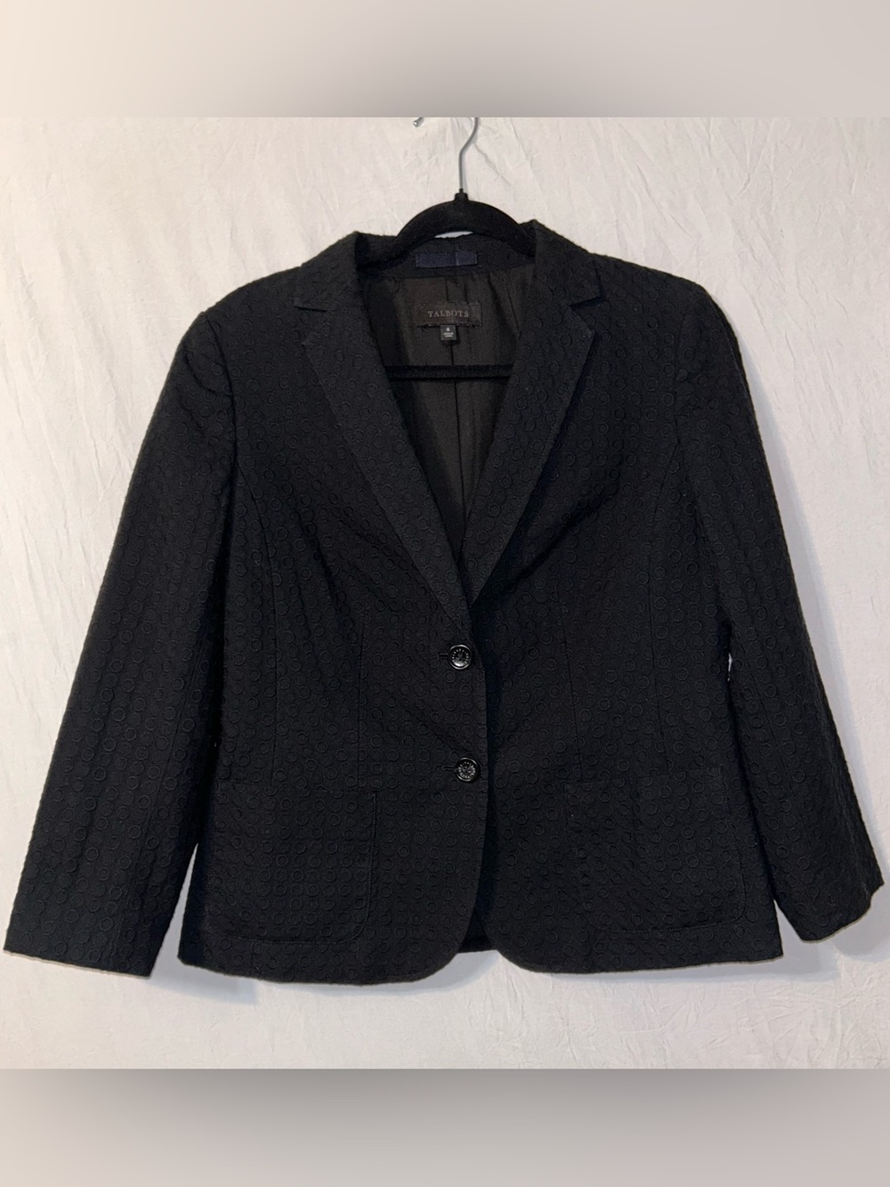 Talbots Black Textured Notch Lapel Blazer Black 8 Dot Pattern Tailored
